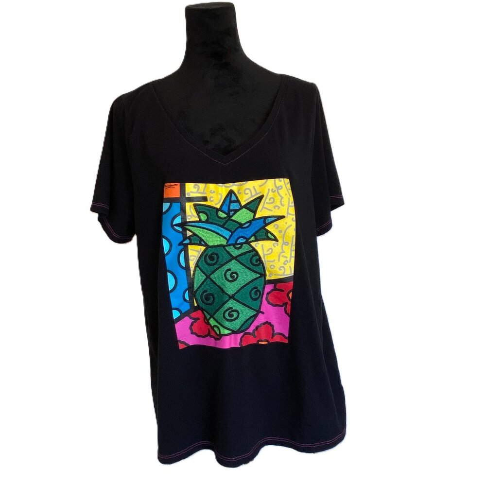 Lane Bryant SZ 18/20 Black V-neck Short Sleeve T-Shirt Vibrant Pineapple Graphic